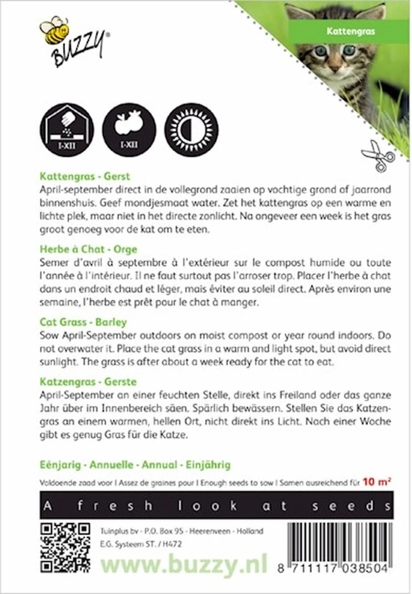 Buzzy Zaden - Kattengras Gerst - 10 Gram 4 Buzzy Zaden - Kattengras Gerst - 10 Gram - Afbeelding 4
